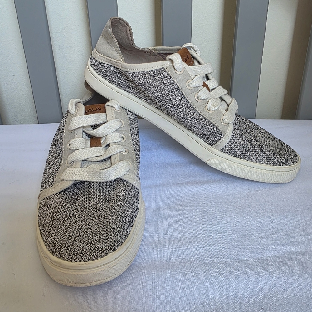 Olukai Womens Pehuea Li Lace Up Sneakers In Tapa Colorway Grey Size 6.5